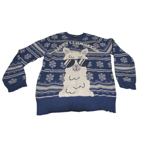 Happy Llamakkah Ugly Hanukkah Sweater Blue Snowflakes GUC L - Picture 1 of 9
